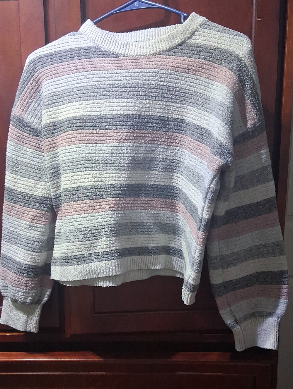 Striped Crewneck Sweater in Cream, Gray & Pink